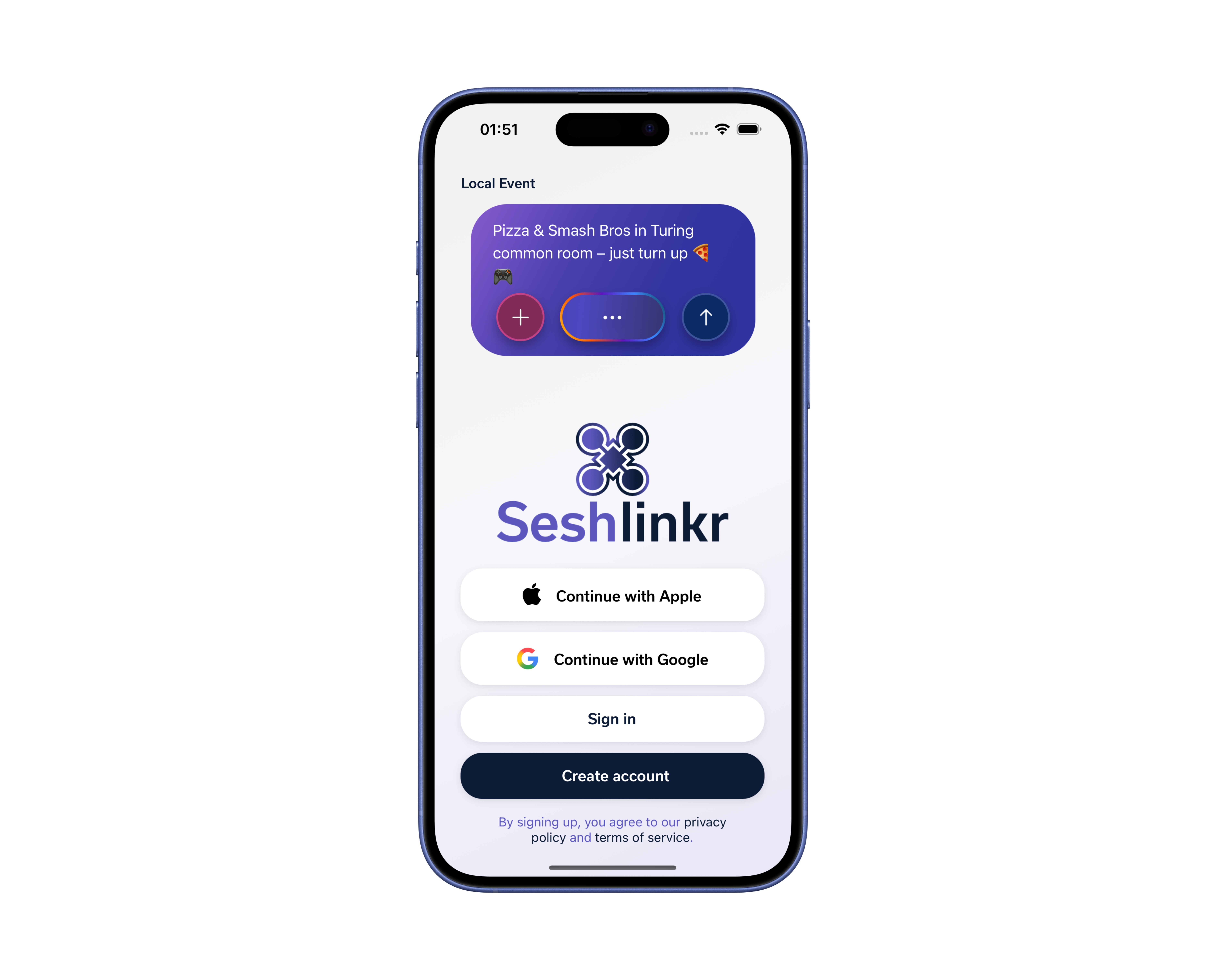 Seshlinkr app mockup showing the mobile interface
