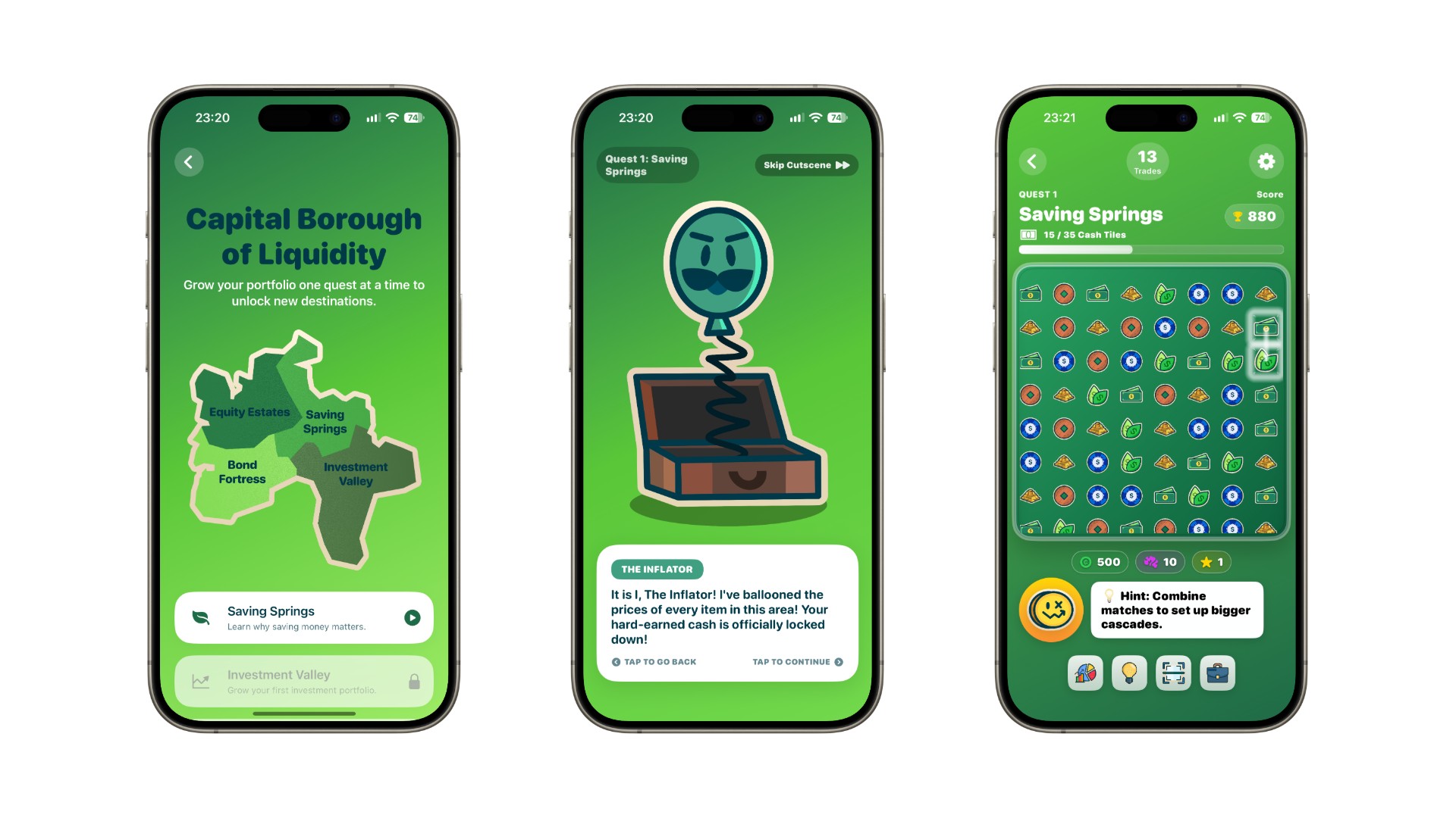 investiQuest app mockup showing gameplay screens
